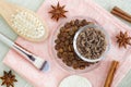 Homemade spicy aroma scrub with brown sugar, ground coffee, olive oil, cinnamon and star anise powder. Royalty Free Stock Photo