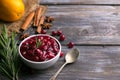 Homemade spicy cranberry sauce with fresh cranberries, cinnamon and star anise Royalty Free Stock Photo