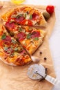 Homemade spicy pepperoni pizza and cooking ingredients. Pepperoni pizza on a white wooden table Royalty Free Stock Photo