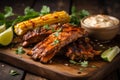 Homemade Spicy Ribs and Corn with Mayo Dip. Generated Ai Royalty Free Stock Photo