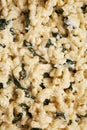 Homemade Spinach Mac and Cheese in a cast-iron pan, top view. Close-up Royalty Free Stock Photo