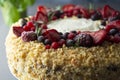 Homemade sponge cake with cream and fresh berries. Carrot and orange cake, decorated with berry. Close up sweet dessert. Whole Royalty Free Stock Photo