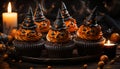 Homemade spooky cupcake, baked with indulgence, decoration for Halloween generated by AI
