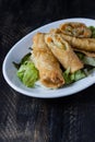 Homemade spring rolls on a bed of lettuce. In a white plate on a wooden background Royalty Free Stock Photo