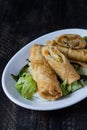 Homemade spring rolls on a bed of lettuce. In a white plate on a wooden background Royalty Free Stock Photo