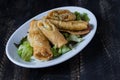 Homemade spring rolls on a bed of lettuce. In a white plate on a wooden background Royalty Free Stock Photo