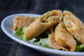 Homemade spring rolls on a bed of lettuce. In a white plate on a wooden background Royalty Free Stock Photo