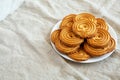 Homemade Sprits Biscuits on a Plate, side view. Copy space