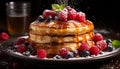 A homemade stack of pancakes with fresh berries and syrup generated by AI