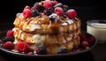 A homemade stack of pancakes with raspberry and blueberry syrup generated by AI