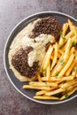 Homemade Steak Au Poivre with Pepper Sauce served with french fries close-up in a plate. Verttical top view Royalty Free Stock Photo