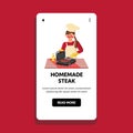 Homemade Steak Cooking Girl Chef On Grill Vector