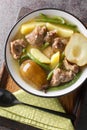 Homemade stew made from lamb meat, fresh pears, potatoes, green beans close-up in a bowl on a wooden board. Vertical top view Royalty Free Stock Photo