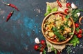 Homemade Stewed Eggplant with vegetables and tomatoes in glass j