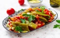 Homemade stewed green beans, tomatoes, garlic with olive oil. Zeytinyagli fasulye traditional food. Turkish cuisine Royalty Free Stock Photo