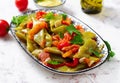 Homemade stewed green beans, tomatoes, garlic with olive oil. Zeytinyagli fasulye traditional food. Turkish cuisine Royalty Free Stock Photo