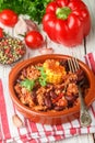 Homemade stewed spicy meat with beans, corn and spices. Chili con carne Royalty Free Stock Photo