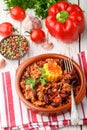 Homemade stewed spicy meat with beans, corn and spices. Chili con carne Royalty Free Stock Photo