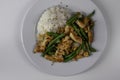 Homemade Stir-fried Chicken with Green String Bean, Onion, Garlic, and Rice. Top View on White Plate and Backgrounds Royalty Free Stock Photo