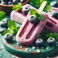 Homemade strawberry cherry banana blueberry ice cream green mint leaves on teal rustic table, frozen fruit juice Royalty Free Stock Photo