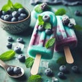 Homemade strawberry cherry banana blueberry ice cream green mint leaves on teal rustic table, frozen fruit juice Royalty Free Stock Photo