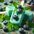 Homemade strawberry cherry banana blueberry ice cream green mint leaves on teal rustic table, frozen fruit juice Royalty Free Stock Photo