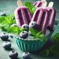 Homemade strawberry cherry banana blueberry ice cream green mint leaves on teal rustic table, frozen fruit juice Royalty Free Stock Photo