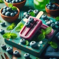 Homemade strawberry cherry banana blueberry ice cream green mint leaves on teal rustic table, frozen fruit juice Royalty Free Stock Photo