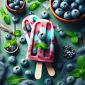 Homemade strawberry cherry banana blueberry ice cream green mint leaves on teal rustic table, frozen fruit juice Royalty Free Stock Photo