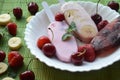 Homemade strawberry cherry banana blueberry ice cream or popsicles decorated green mint leaves on teal rustic table Royalty Free Stock Photo