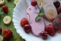 Homemade strawberry cherry banana blueberry ice cream or popsicles decorated green mint leaves on teal rustic table Royalty Free Stock Photo