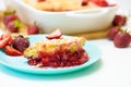 Homemade strawberry cobbler made from ripe fresh strawberries. cut strawberry pie on a blue plate on a light background Royalty Free Stock Photo