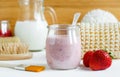 Homemade strawberry and greek yogurt face mask in a glass jar. Diy cosmetics recipe Royalty Free Stock Photo