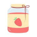 Homemade strawberry jam in glass jar cartoon icon. Doodle of home cooking. Healthy Sugar Replacement flat illustrations. Royalty Free Stock Photo