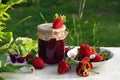 Homemade strawberry jam in glass jar and ripe fresh berries red strawberry with flowers daise and pansy, green leaves Royalty Free Stock Photo