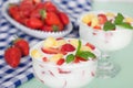 Homemade Strawberry and pineapple yoghurt with fresh fruit and mint leaves Royalty Free Stock Photo