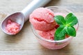 Homemade strawberry sorbet in glass and ice cream spoon Royalty Free Stock Photo