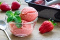 Homemade strawberry sorbet in glass on wooden table Royalty Free Stock Photo