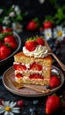 Homemade strawberry sponge cake slice with fresh berries and whipped cream on a plate Royalty Free Stock Photo