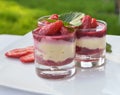 homemade strawberry tiramisu in glass on a table