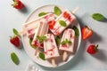 Homemade strawberry yogurt popsicles on a plate with ice and fresh berries, generative AI