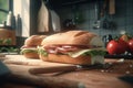 Homemade submarine baguette sandwich with ham, cheese, bacon, tomato, lettuce, cucumber and onion. AI generated Royalty Free Stock Photo