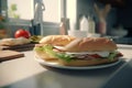 Homemade submarine baguette sandwich with ham, cheese, bacon, tomato, lettuce, cucumber and onion. AI generated Royalty Free Stock Photo