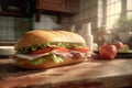 Homemade submarine baguette sandwich with ham, cheese, bacon, tomato, lettuce, cucumber and onion. AI generated Royalty Free Stock Photo