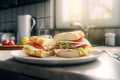 Homemade submarine baguette sandwich with ham, cheese, bacon, tomato, lettuce, cucumber and onion. AI generated Royalty Free Stock Photo