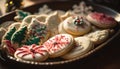 Homemade sugar cookies with icing and candy cane decoration generated by AI Royalty Free Stock Photo