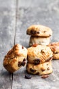 Homemade sultana scones on wooden table