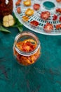 Homemade sun dried tomatoes with herbs, garlic in olive oil in a glass jar on dark green background. Copy space, close up. Royalty Free Stock Photo