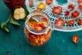 Homemade sun dried tomatoes with herbs, garlic in olive oil in a glass jar Royalty Free Stock Photo