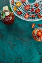 Homemade sun dried tomatoes with herbs, garlic in olive oil in a glass jar Royalty Free Stock Photo